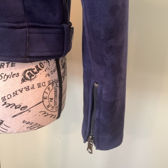 LOFT Navy Blue Faux Suede Microsuede Moto Jacket Women’s Size 0 XS Extra Small - Picture 7 of 10